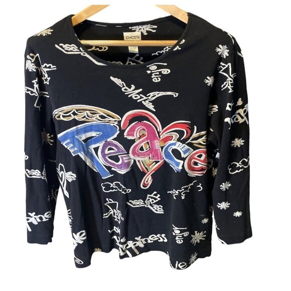 Chico's Grafitti Peace Black White 3/4 Sleeve Round Neck T Shirt Sz L - Picture 1 of 6